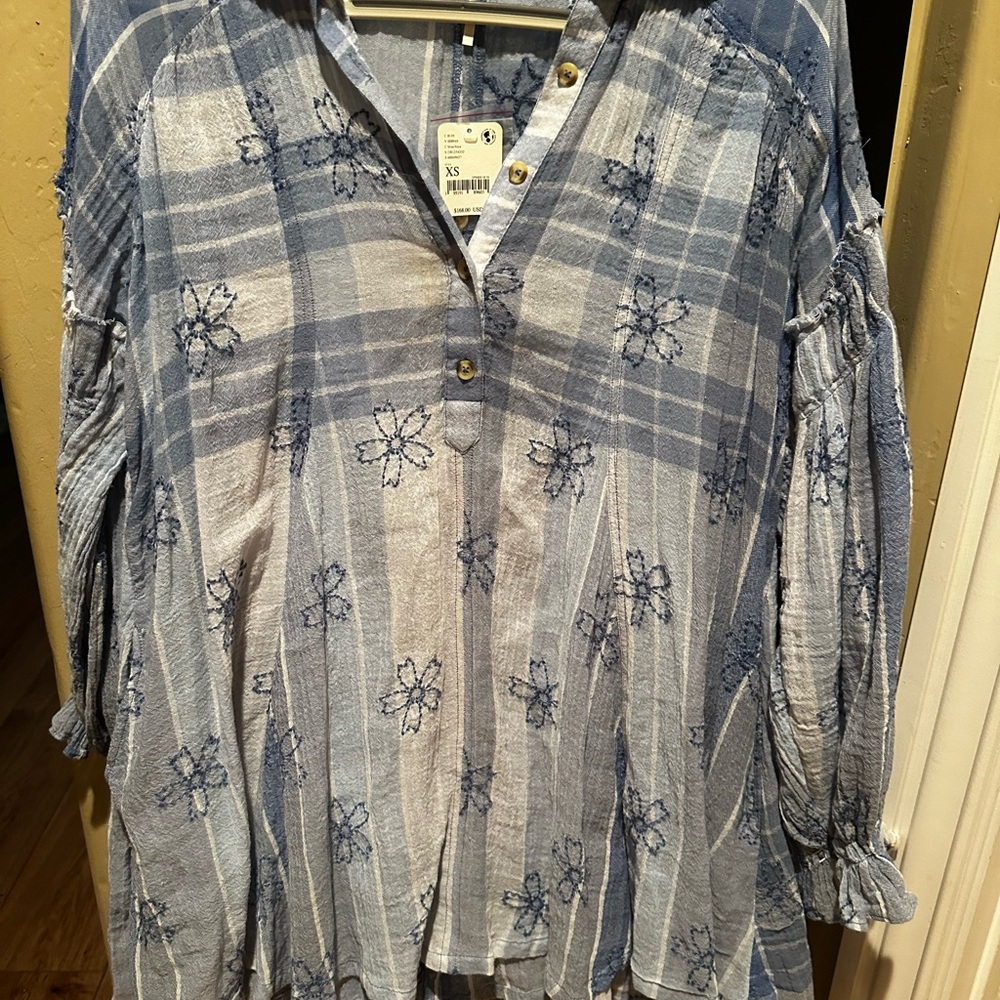 Free People White and Blue Boxy Tunic with Mandarin Collar